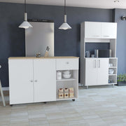 2 Piece Kitchen Set, Kitchen Island Cart + Kitchen Pantry Cabinet, White / Light Oak