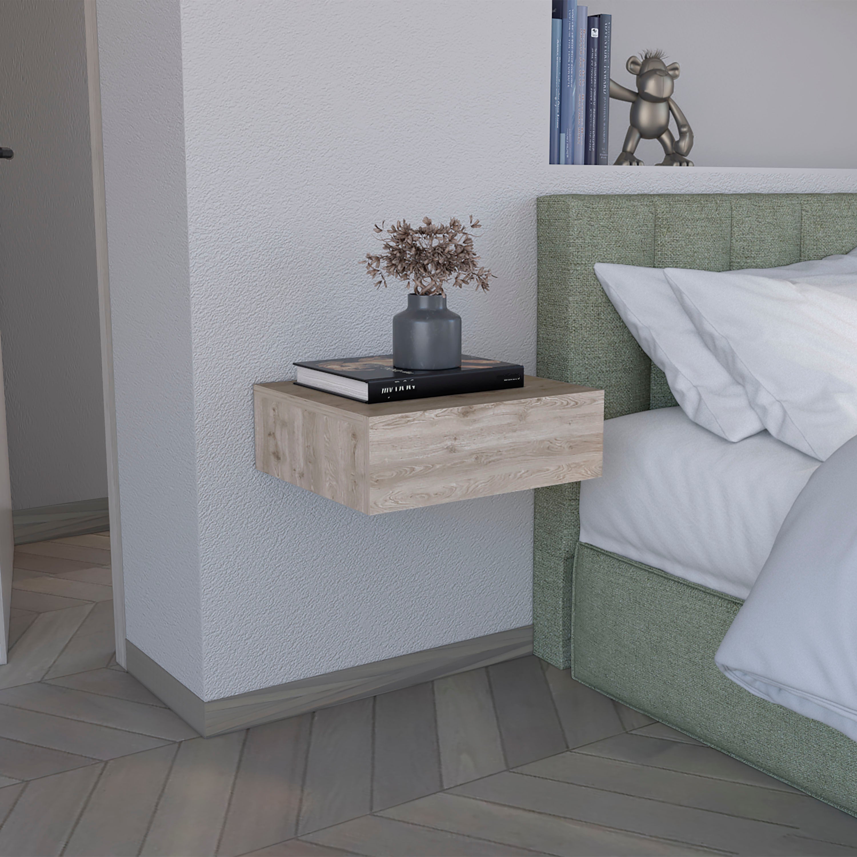 Floating Nightstand 5'H, Modern Wall-Mounted Bedside Shelf with Drawer, Light Gray
