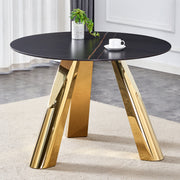 The 42-inch stainless steel gold-plated flamed granite round table with seating for 4 or 6 people is perfect for dining, entertaining, or as a conference table