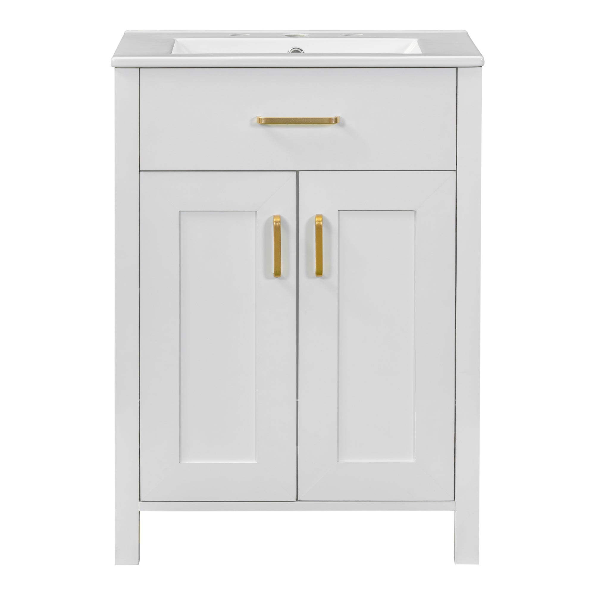 Luxurious Space-Saving 24' Bathroom Vanity Combo with Ceramic Sink, Gold Handles, Solid Wood and MDF, 24.2'W*18.3'D*34'H