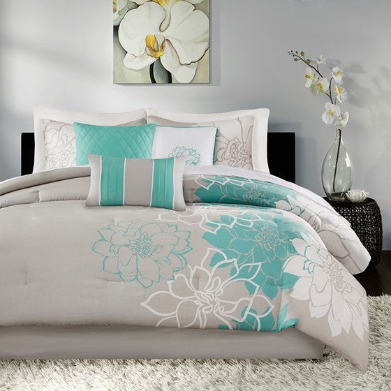 Printed Cotton Sateen Comforter Set Aqua Queen