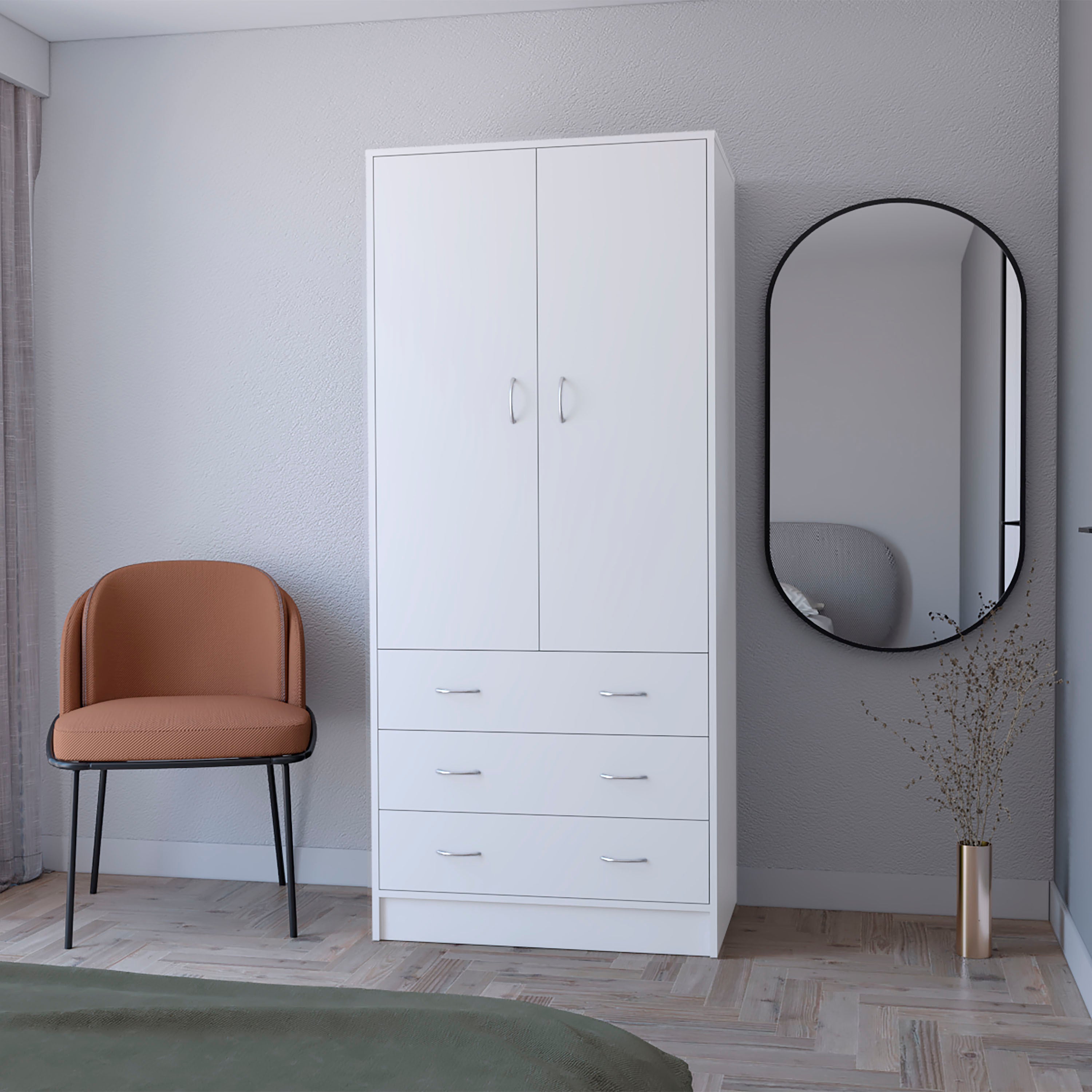 FM FURNITURE  Prescott Armoire, with 2 doors, 3 drawers and 1 hanging rod, White