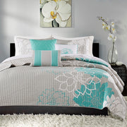 6 Piece Printed Cotton Quilt Set with Throw Pillows Aqua Full/Queen