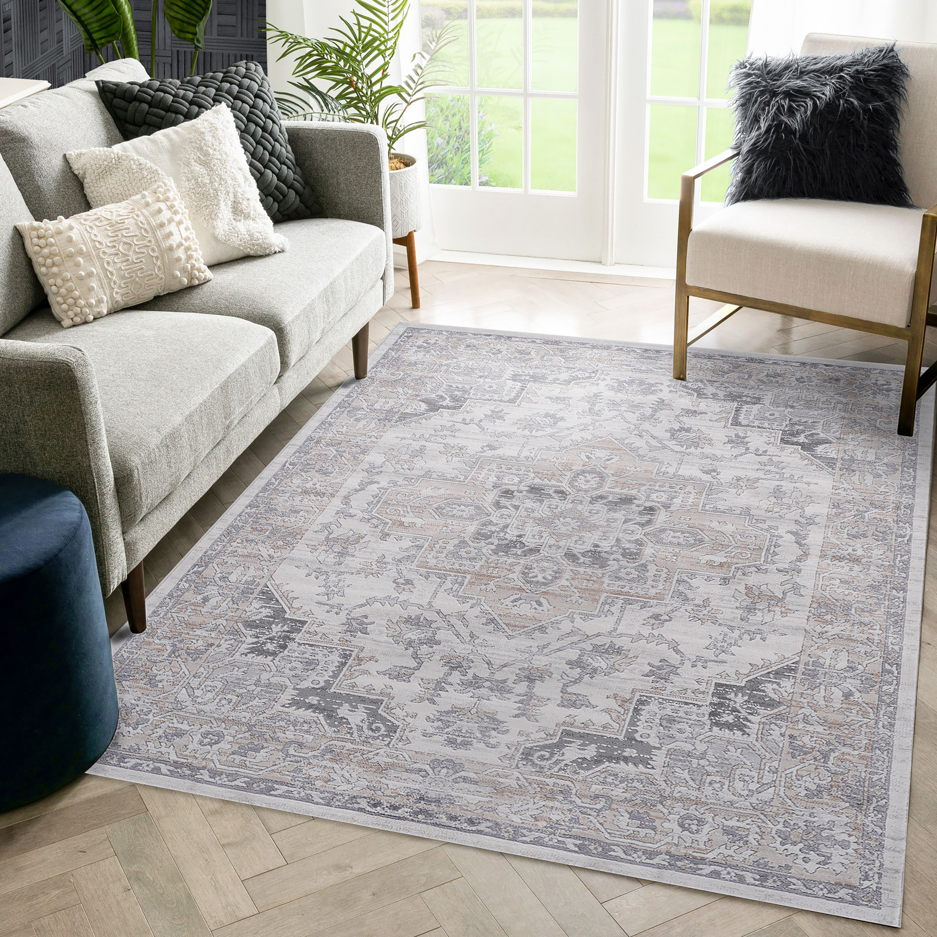 LOOM & LUXE Collection 6X9 Ivory/Beige/Oriental Non-Shedding Living Room Bedroom Dining Home Office Stylish and Stain Resistant Area Rug
