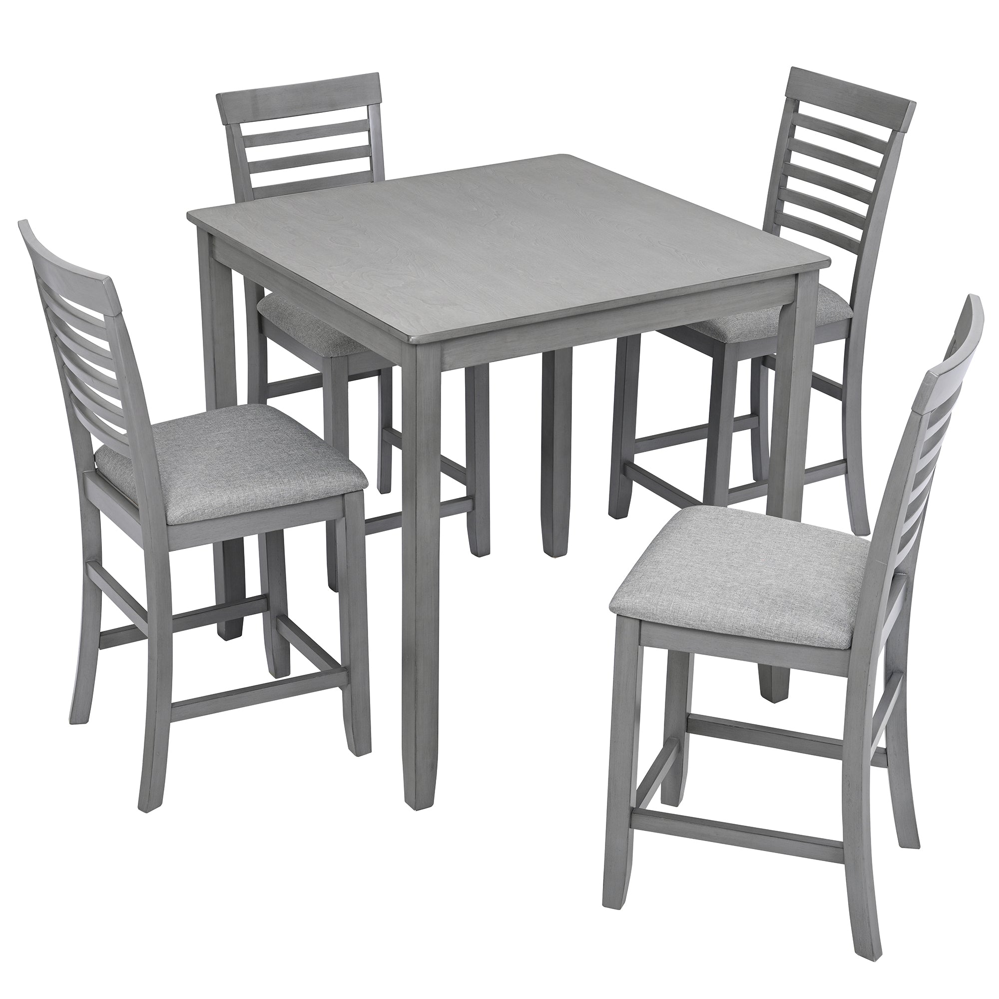 5 Piece Dining Table Set, Wooden Dining Square Table Set for 4, Counter Height Kitchen Table Set with Square Table and 4 Upholstered Chairs for Small Space, Gray