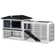 PawHut 2 Levels Outdoor Rabbit Hutch with Openable Top, 59' Wooden Large Rabbit Cage with Run Weatherproof Roof, Removable Tray, Ramp, Dark Gray