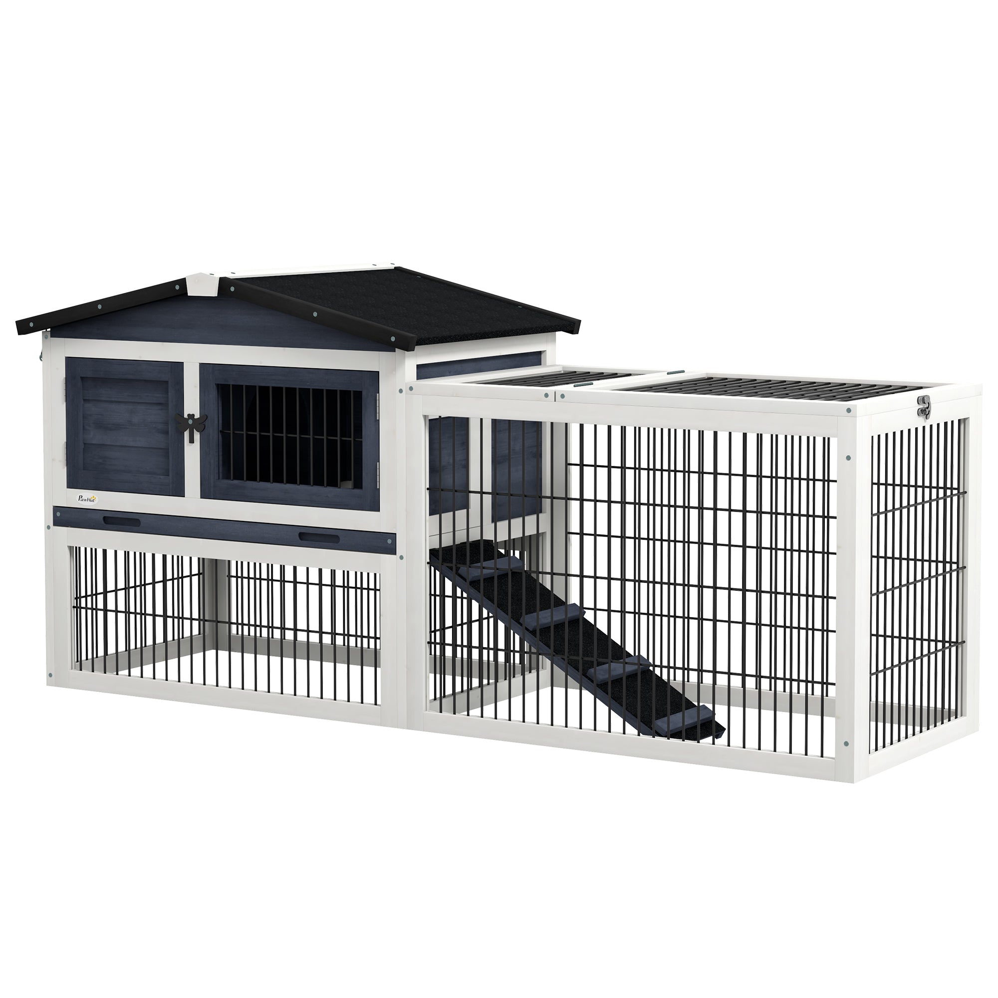 PawHut 2 Levels Outdoor Rabbit Hutch with Openable Top, 59' Wooden Large Rabbit Cage with Run Weatherproof Roof, Removable Tray, Ramp, Dark Gray
