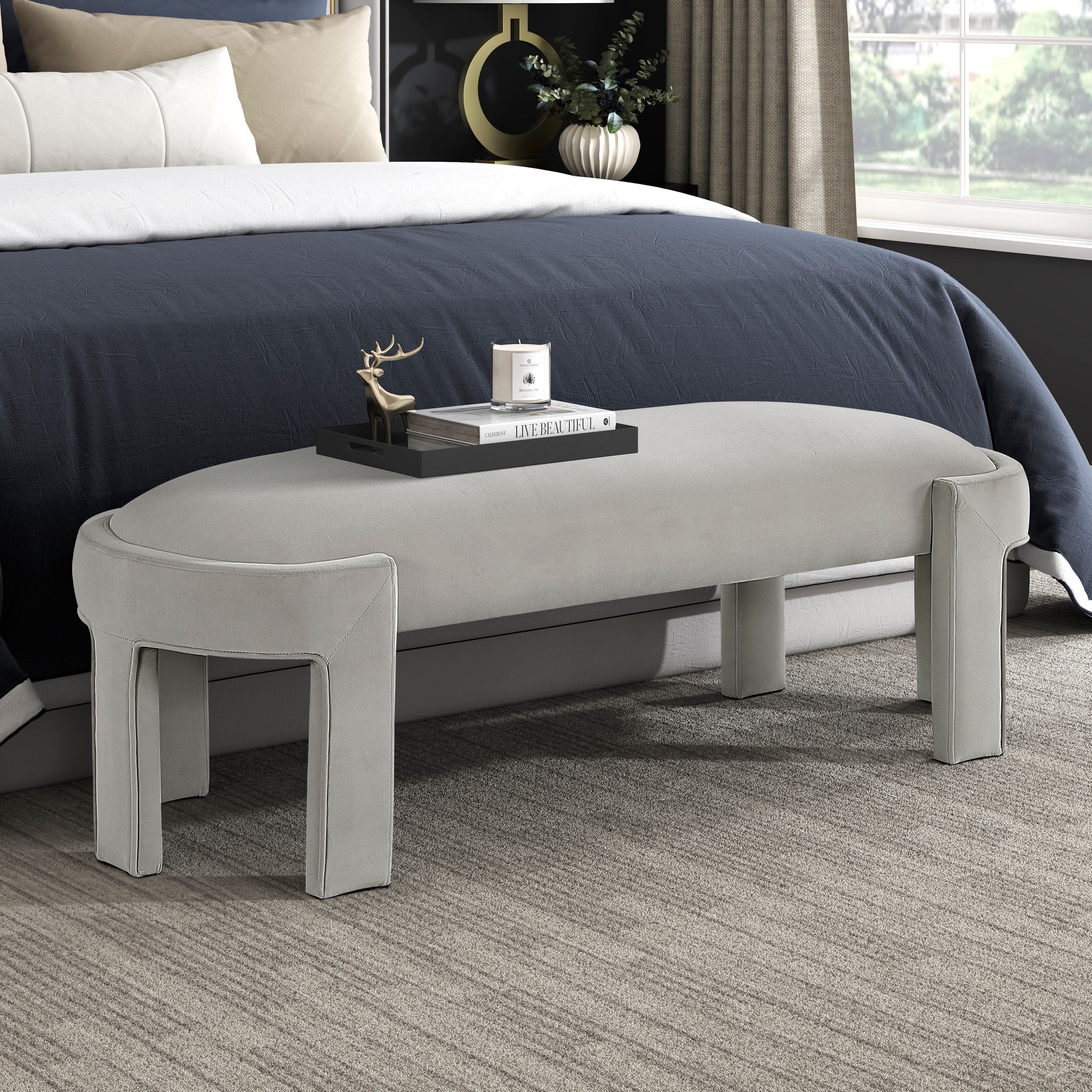 Stylish Upholstered Bench Taupe Velvet Fabric Foam Cushioned Seat Luxurious Comfort Home Furniture 1pc Durable Plywood Frame Entryway Bench