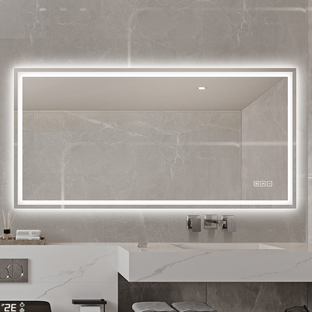 48×24 Inch Anti-Fog LED Bathroom Mirror with Modern Straight-Edged Design, 3 Color Dimmable Lighting, Horizontal/Vertical Wall Mount