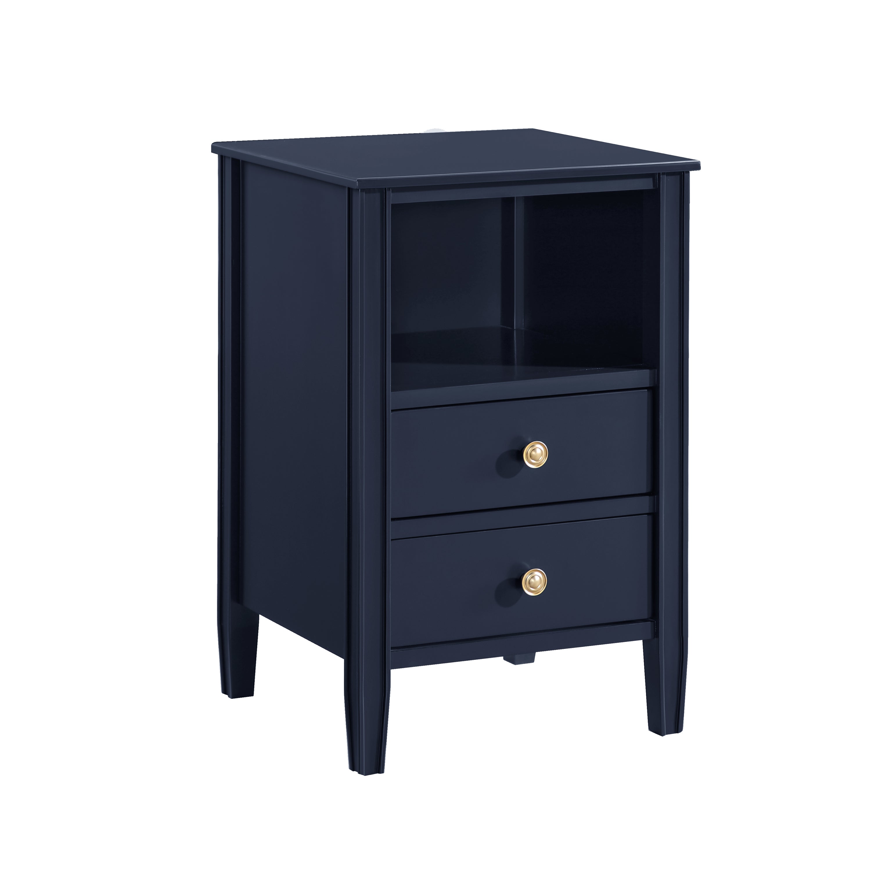Winston 2-Drawer Storage Nightstand in Midnight Blue with Brushed Gold Knobs and Fluted Legs