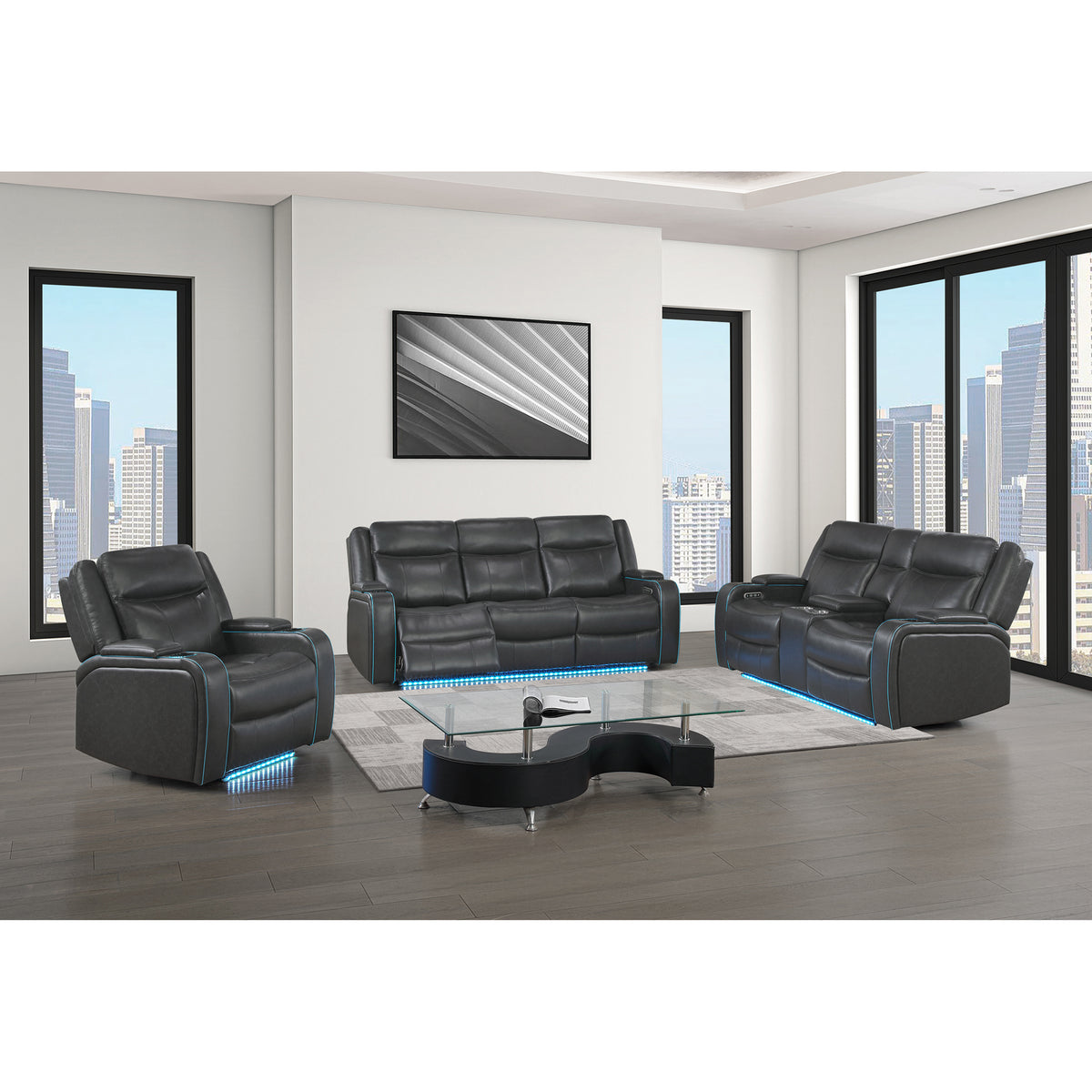 Blanca Charcoal Power Reclining Sofa-Loveseat and Recliner with LED Lights and Power Headrest