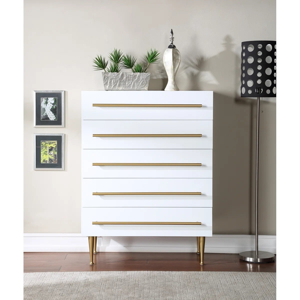 Contemporary 5-Drawer Chest with Gold Accent, 1 Piece Drawer Dresser for Bedroom, Wooden Storage Unit, White