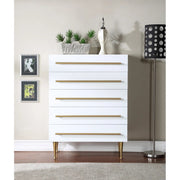 Contemporary 5-Drawer Chest with Gold Accent, 1 Piece Drawer Dresser for Bedroom, Wooden Storage Unit, White