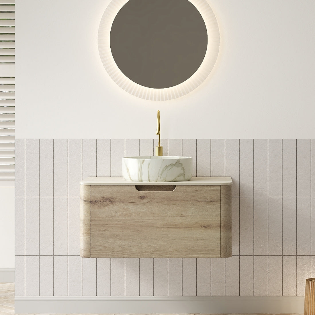 XAI 30' Bathroom Vanity with Sink, Floating Plywood Storage Cabinet with Drawer, Ceramic Basin with Stone Pattern and Travertine-Pattern Sintered Stone Top, Pre-assembled, White Oak Woodgrain Color