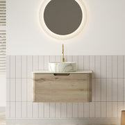 XAI 30' Bathroom Vanity with Sink, Floating Plywood Storage Cabinet with Drawer, Ceramic Basin with Stone Pattern and Travertine-Pattern Sintered Stone Top, Pre-assembled, White Oak Woodgrain Color