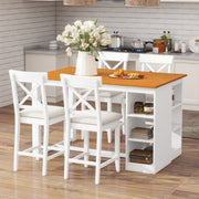 TOPMAX 60'Lx30'W Solid Wood Farmhouse Counter Height Dining Table Set with 3-Tier Storage Shelves, Upholstered Dining Chairs for 4, 5-Piece, White