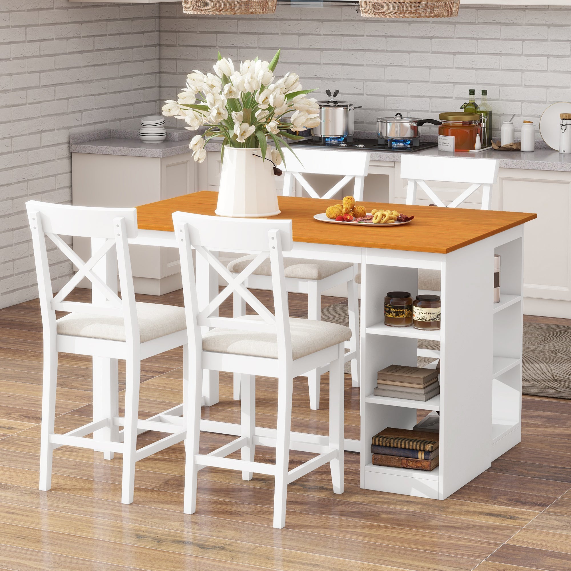TOPMAX 60'Lx30'W Solid Wood Farmhouse Counter Height Dining Table Set with 3-Tier Storage Shelves, Upholstered Dining Chairs for 4, 5-Piece, White
