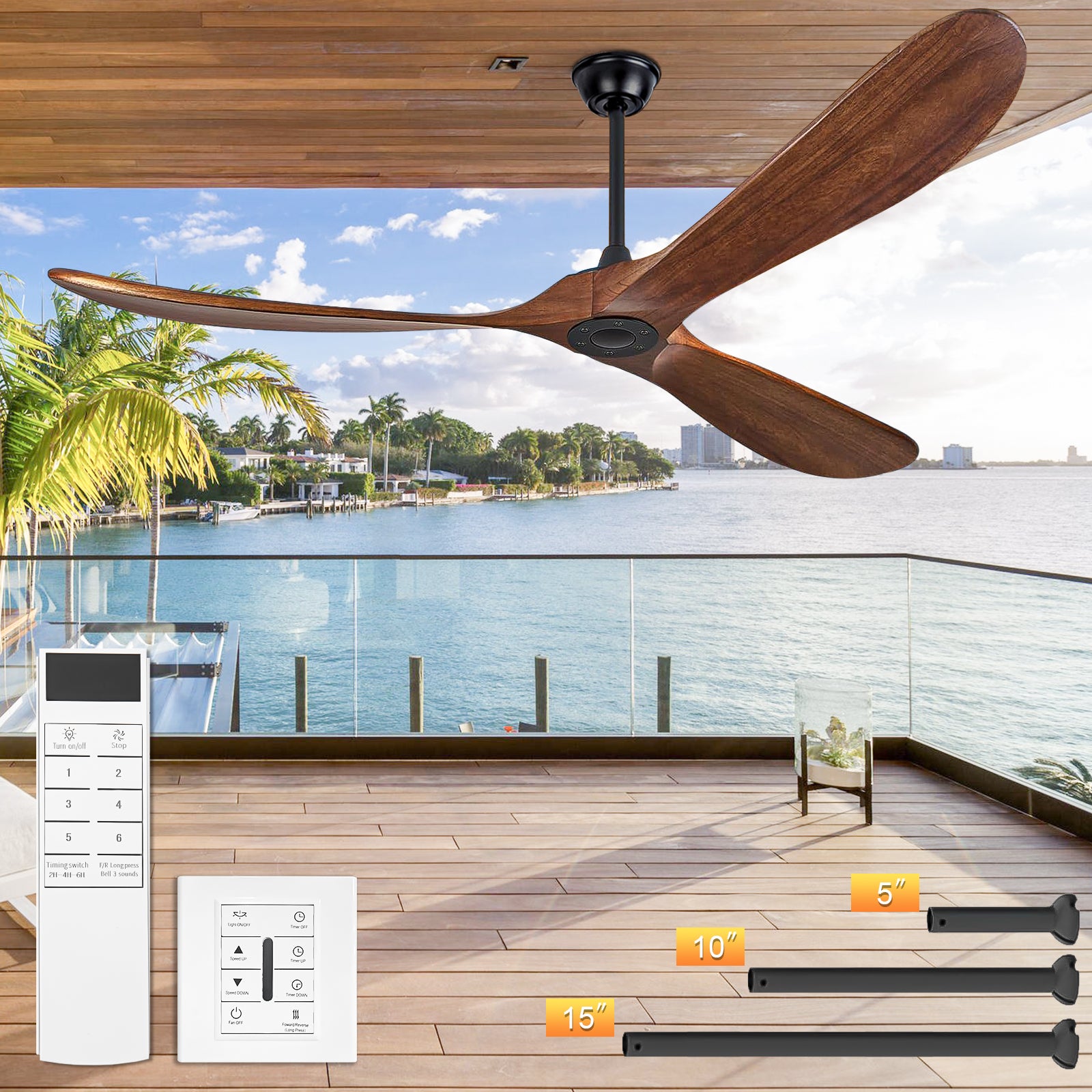 72 Inch  Solid Wood  Ceiling Fan without Light With Wall Switch and Remote Control,6 Speed,3 Blades Walnut Outdoor Ceiling Fans for Patio,Indoor,Living Room,Bedroom,Porch,Farmhouse