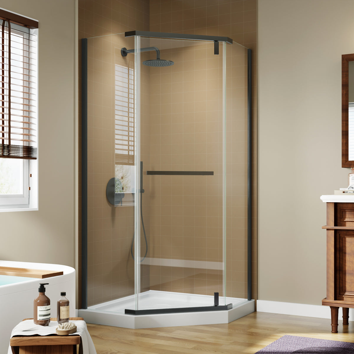 Corner Shower Enclosure 36 in. W x 72 in. H Frameless Neo-Angle Shower Enclosure, 1/4' (6mm) Clear SGCC Tempered Glass, Pivot Shower Door in Matte Black,Shower Base Not Included
