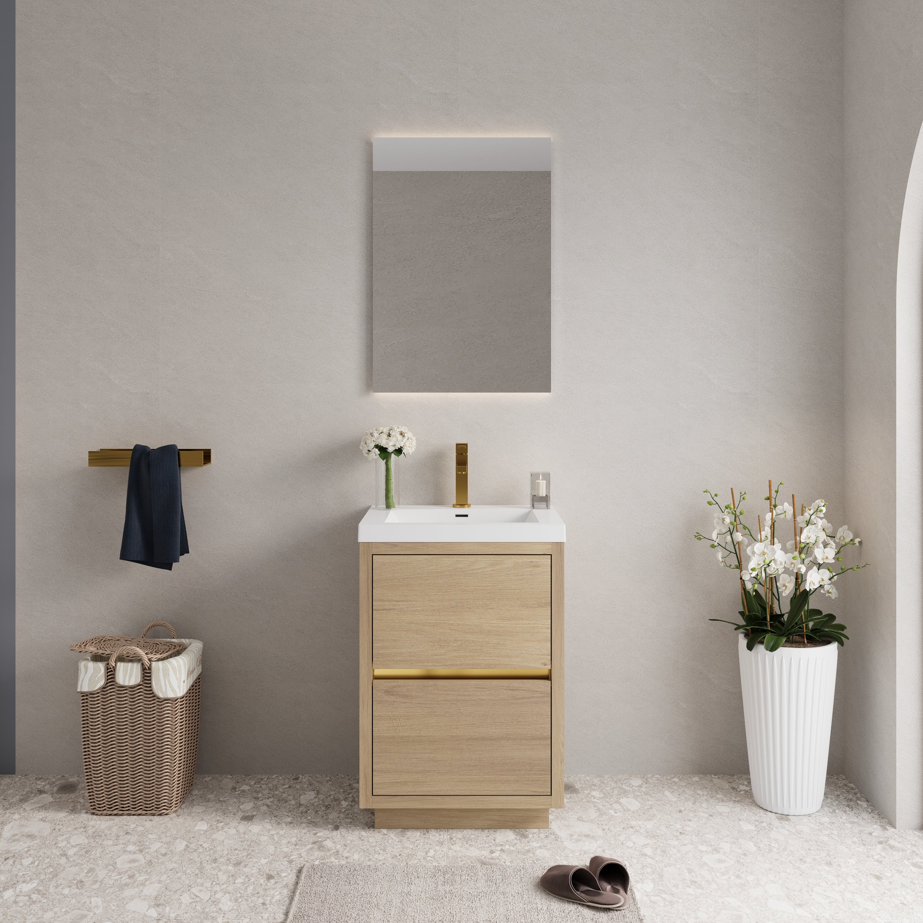 24' Freestanding Bathroom Vanity with Sink, Bathroom Storage Vanity Cabinet with Stone Resin Countertop and Soft Close Drawers, Natural Oak 24V14-24NO