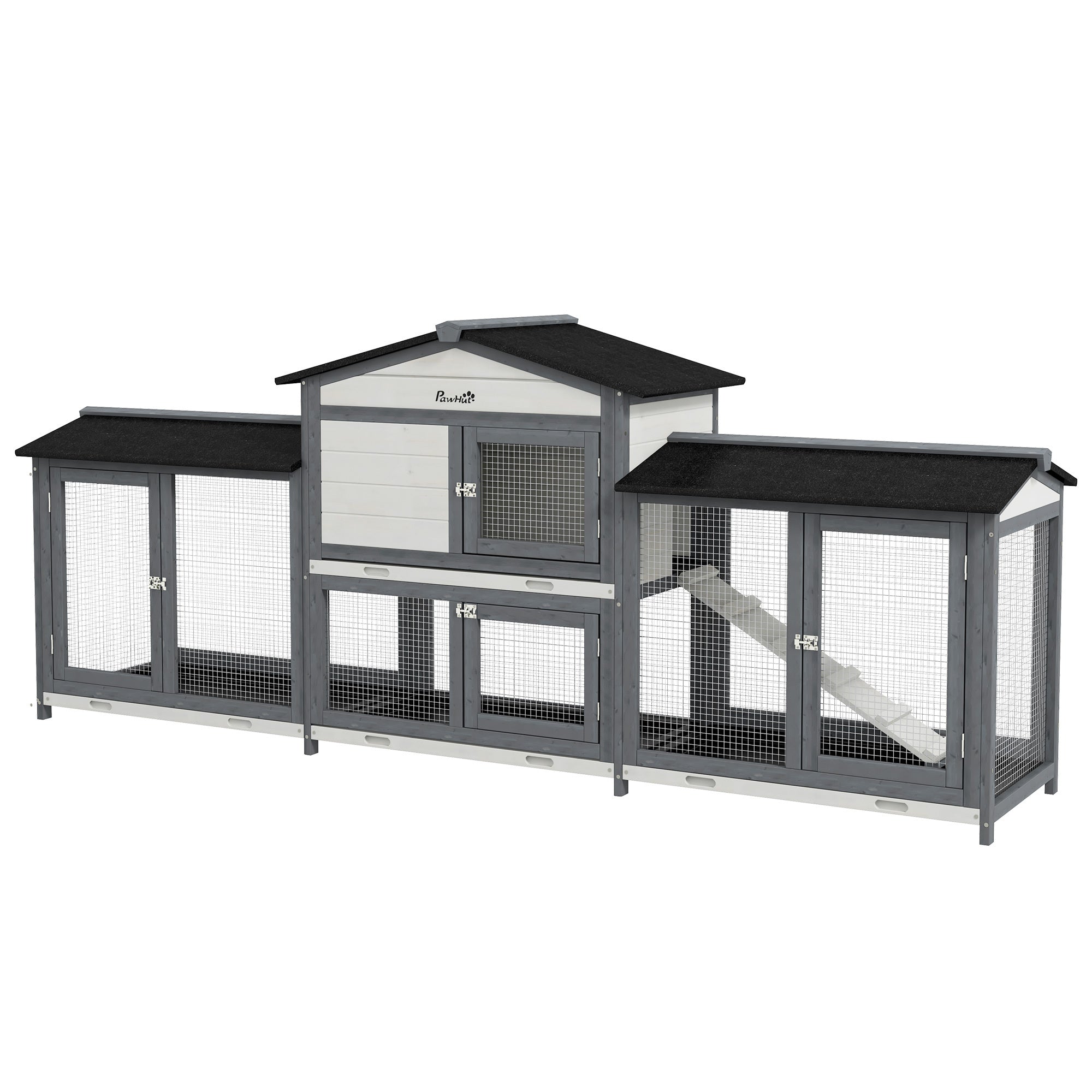PawHut 90.5' Wooden Rabbit Hutch Bunny Cage Pet Playpen House Enclosure with Double Side Run Boxes, No Leak Tray, Ramp, for Guinea Pig and Small Animals, Light Gray