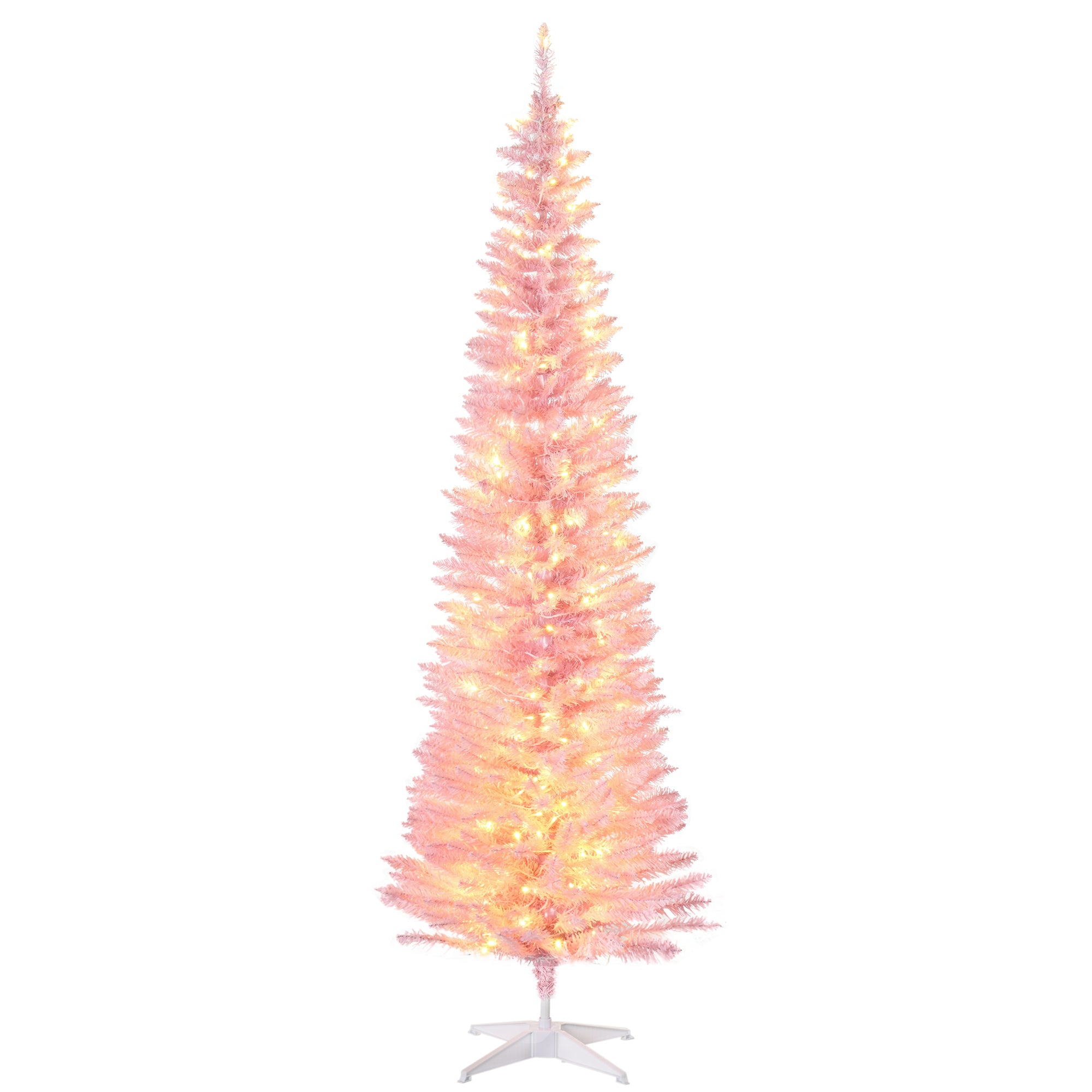 HOMCOM 7' Tall Pre-Lit Slim Noble Fir Artificial Christmas Tree with 200 Warm White LED Lights and 499 Tips, for Christmas Decoration, Pink