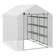 Outsunny Walk-in Greenhouse for Outdoors with Roll-up Zipper Door, 18 Shelves, PE Cover, Small and Portable Green House, Heavy Duty Humidity Seal, 95.25' x 70.75' x 82.75', White