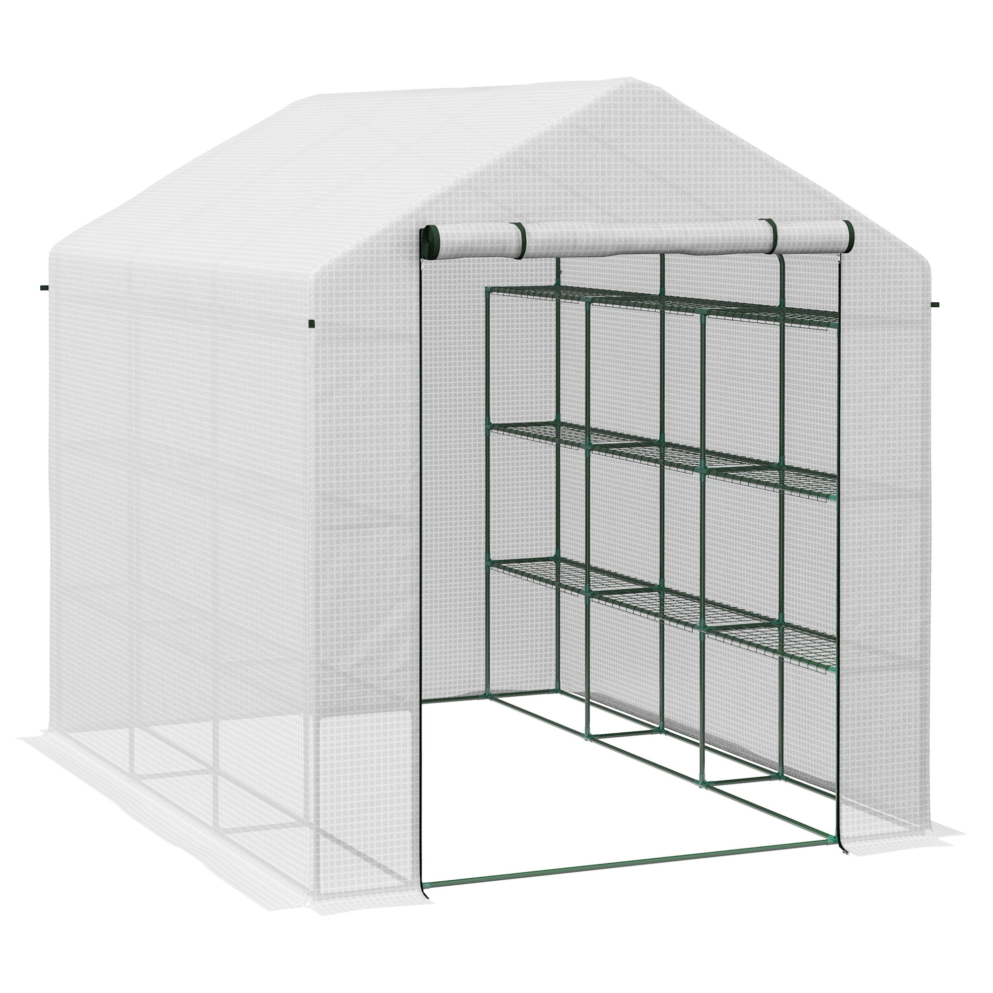 Outsunny Walk-in Greenhouse for Outdoors with Roll-up Zipper Door, 18 Shelves, PE Cover, Small and Portable Green House, Heavy Duty Humidity Seal, 95.25' x 70.75' x 82.75', White