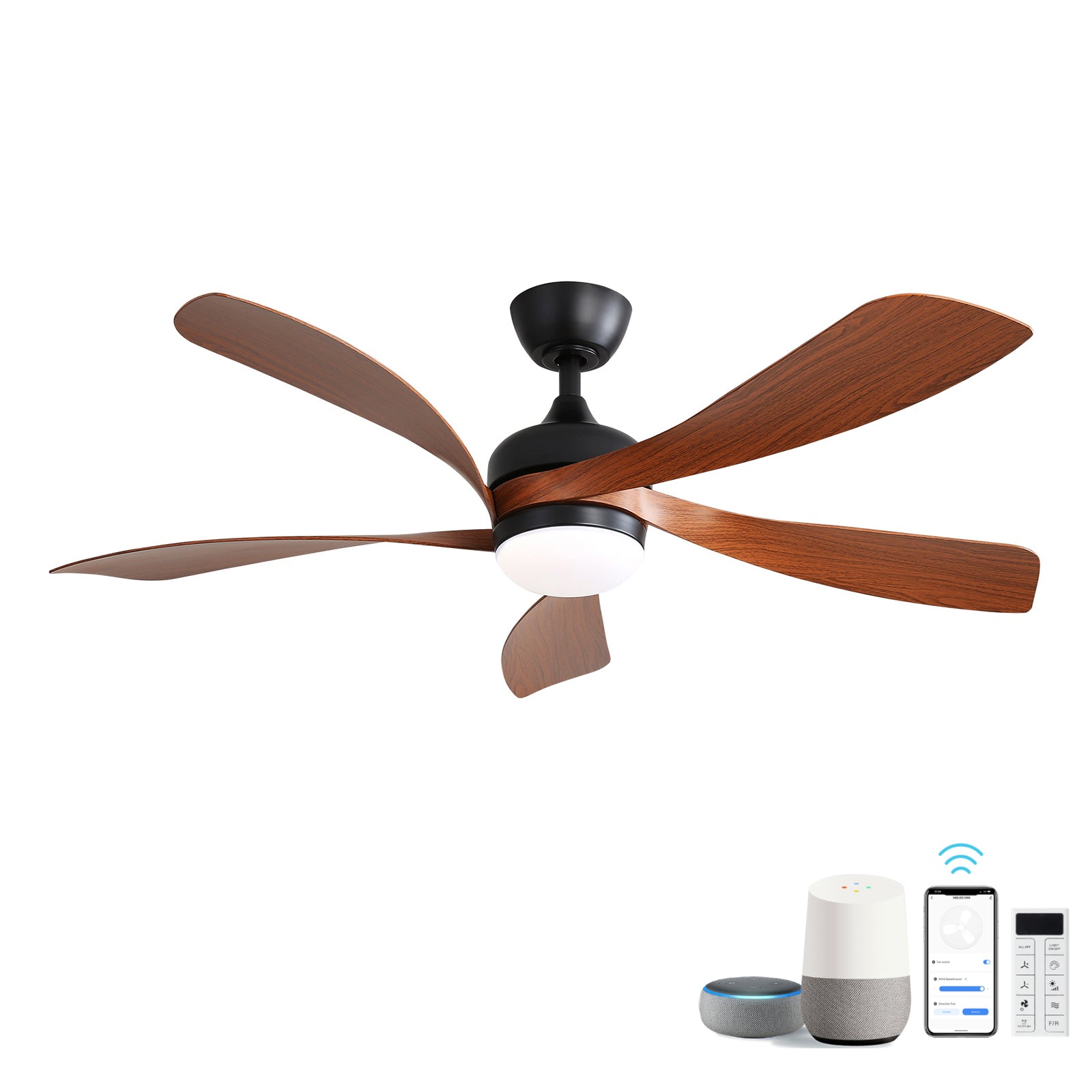 45 Inch Matte Black Ceiling Fan with Dark Wood Grain ABS Blades DC Motor and Integrated Light