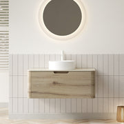 XAI 36' Bathroom Vanity with Sink, Wall-Mounted Plywood Storage Cabinet with Drawer, White Round Ceramic Basin and Roma Travertine-Pattern Sintered Stone Top, Pre-assembled, White Oak Woodgrain Color