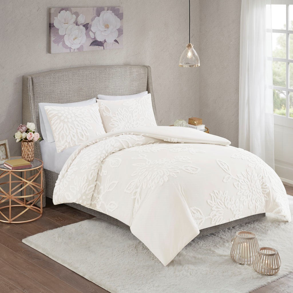 King/Cal King 3 Piece Tufted Cotton Chenille Floral Duvet Cover Set