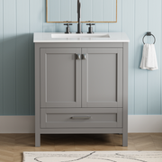 30' Freestanding Bathroom Vanity with Sink, Carrara Engineered Marble Vanity Top with Under-mounted Rectangular Ceramic Sink, Large Storage Soft-Close Door, Solid Wood Frame, Grey 24V03-30GR