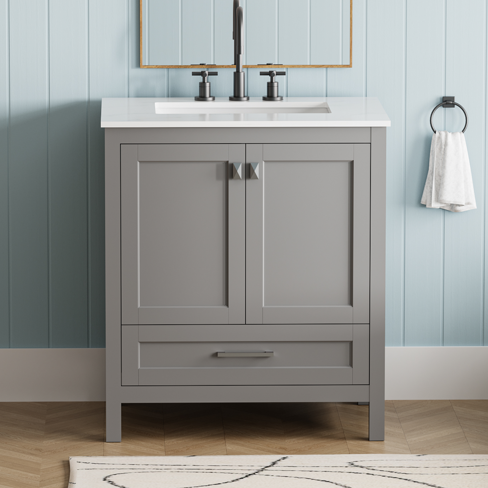30' Freestanding Bathroom Vanity with Sink, Carrara Engineered Marble Vanity Top with Under-mounted Rectangular Ceramic Sink, Large Storage Soft-Close Door, Solid Wood Frame, Grey 24V03-30GR