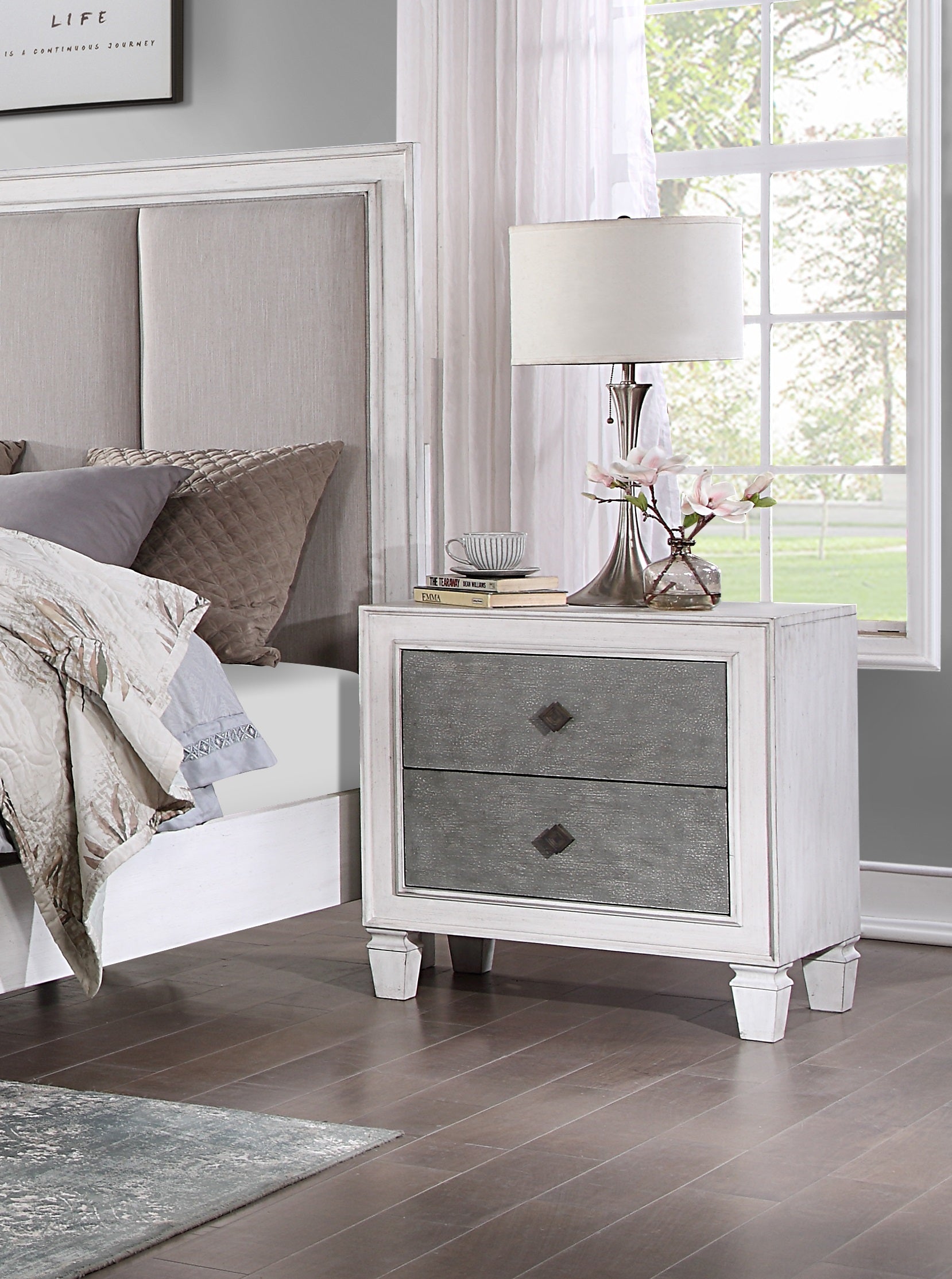 Modern Rustic White and Gray Finish 2-Drawers Nightstand Wooden Bedroom Furniture 1pc Farmhouse Style