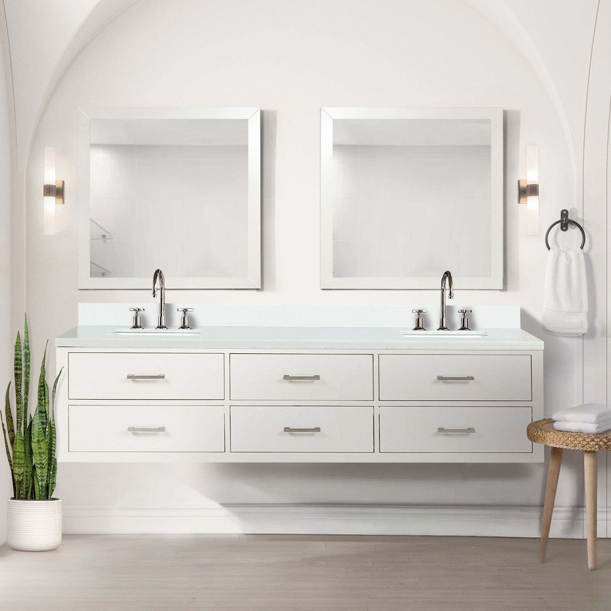 White Double Bath Vanity 80 in. W x 22 in. D, White Quartz Top, and Faucet Set