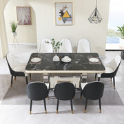9 Pieces Luxury Black Dining Table Set, Modern 79' Rectangular Kitchen Table of 8 with Marble Top & Silver Stainless Steel Dual Circle Base, Dining Room Table for with 8 PU Leather Chairs
