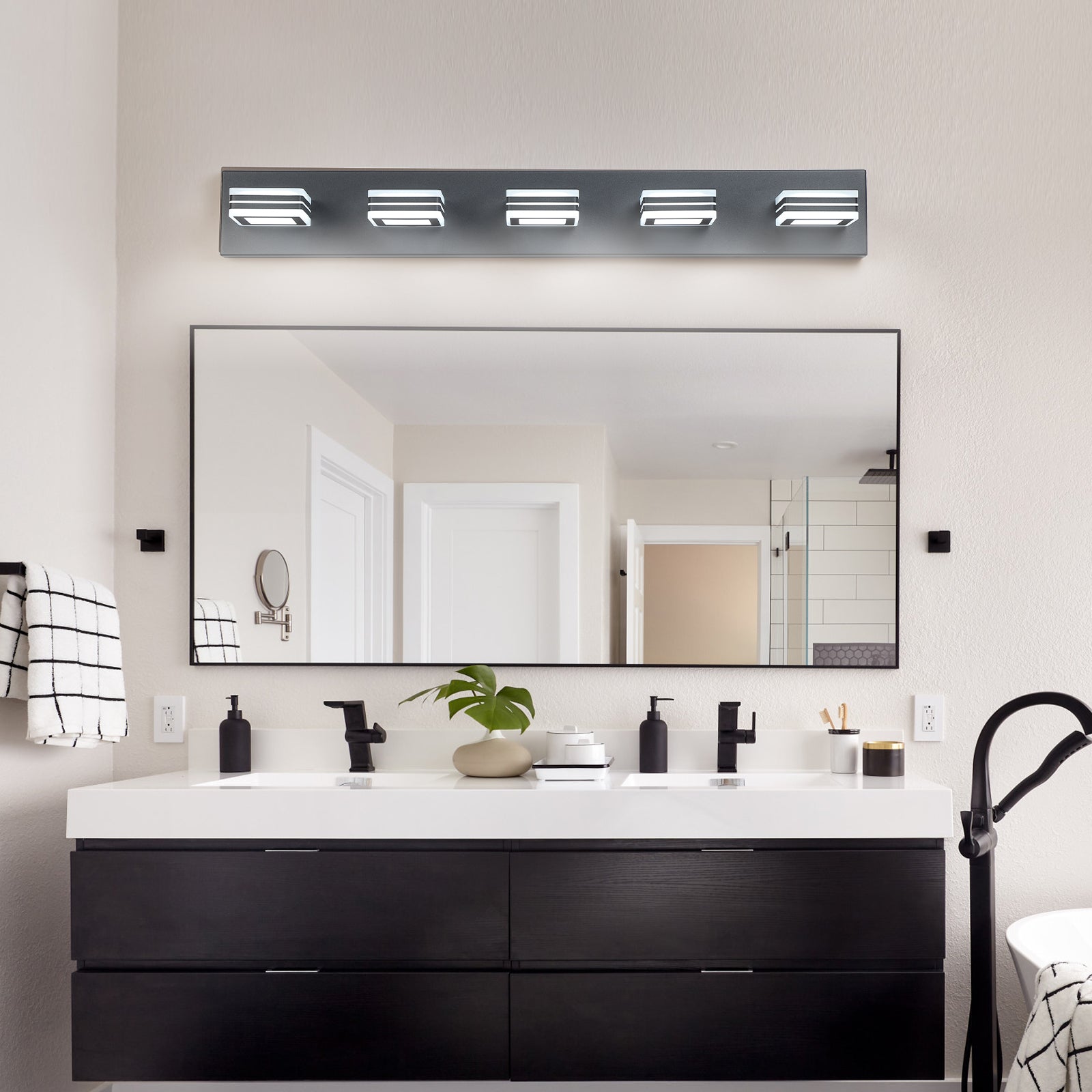 32' Modern Black 5-Light LED Vanity Light, Square Acrylic Lampshades Wall Mount Fixture for Bathroom, Mirror Lighting