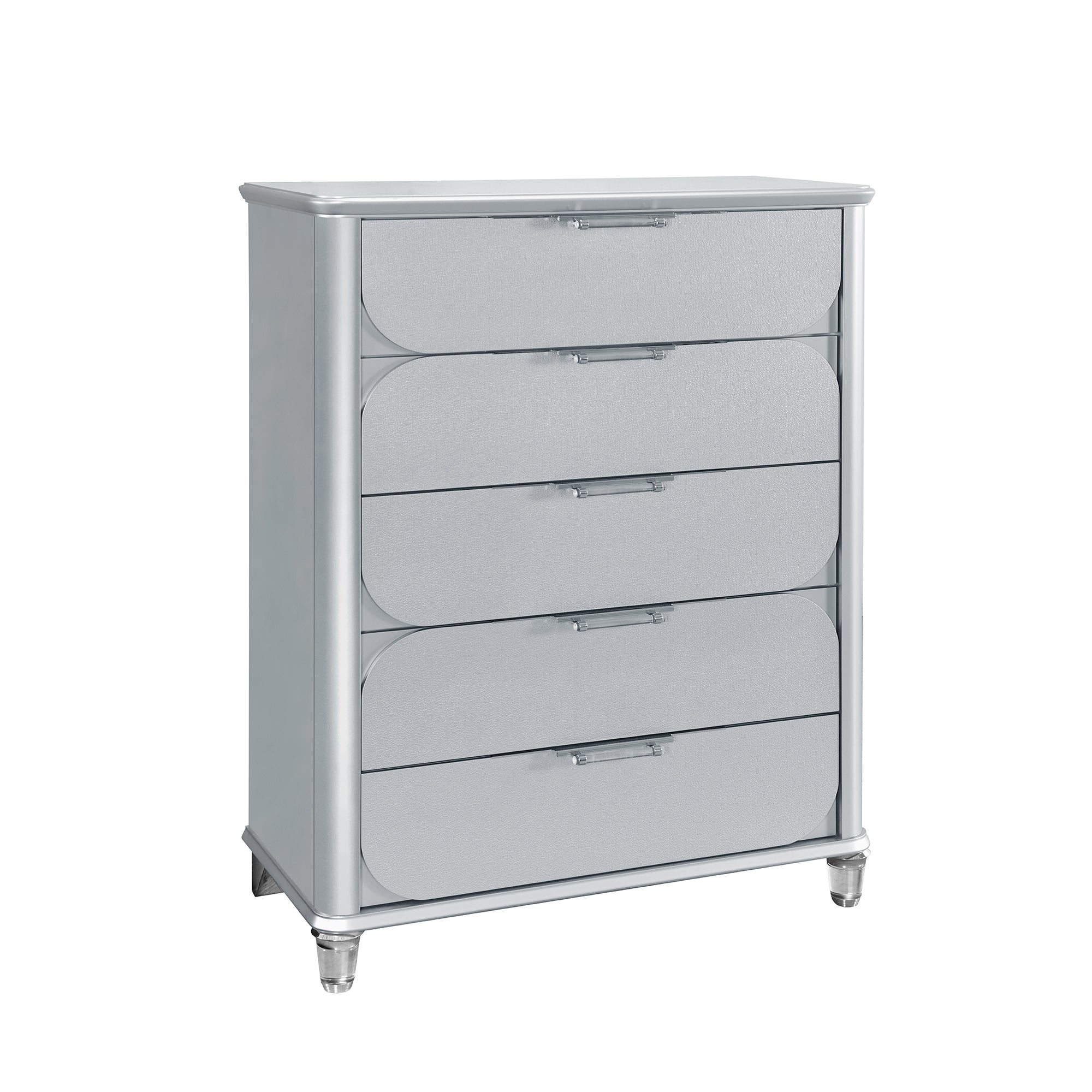 Elegant LAURA Silver Chest with Acrylic Legs and Bun Style Feet in Rubber Wood