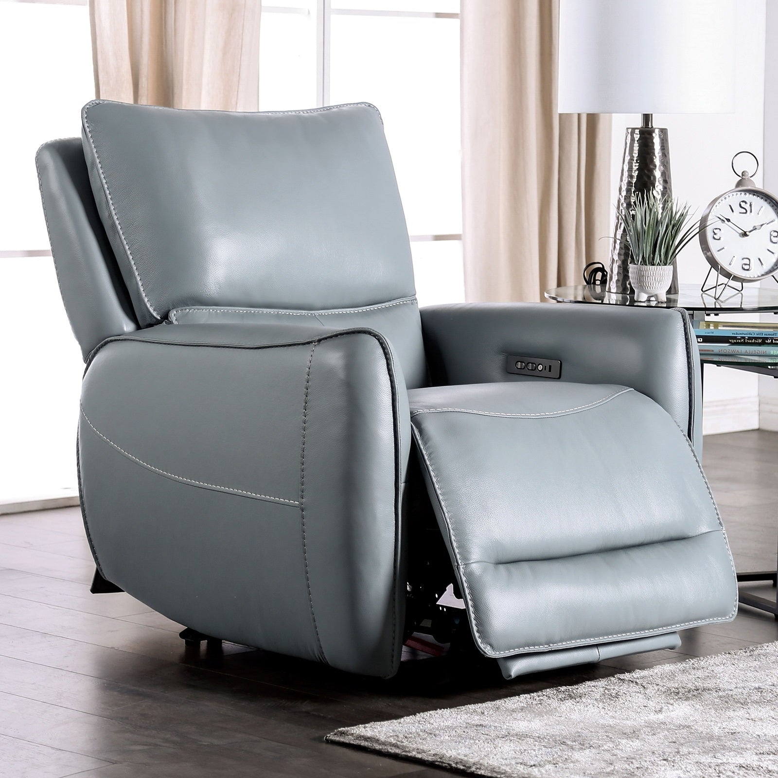 Transitional Style Pale Blue Power Recliner Extendable Footrest Corner Blocked Hardwood Frame Primary Living Room