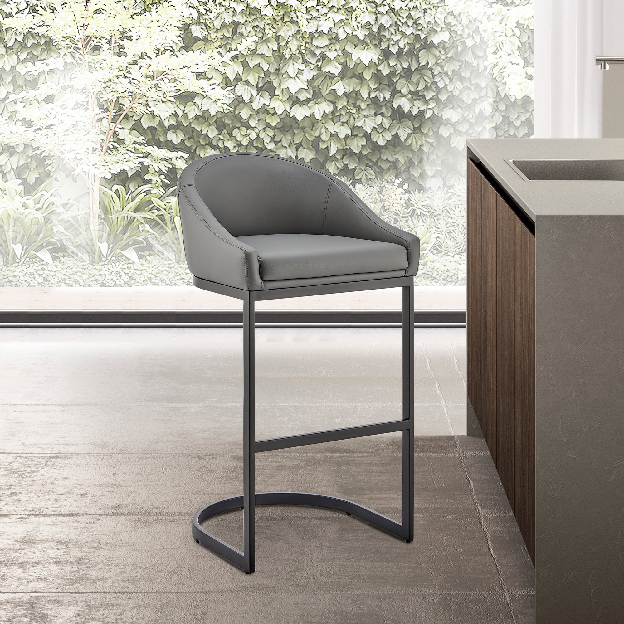 Katherine Bar Stool in Black Metal with Gray Faux Leather
