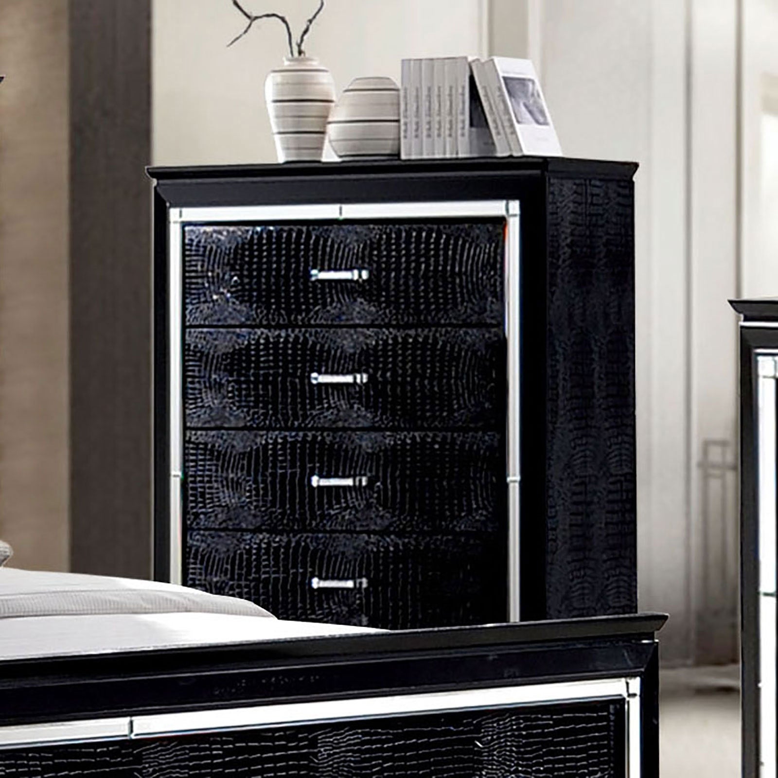 1pc Chest Crocodile Texture Contemporary Style Diamond Crusted Handle English Dovetail Five Drawers 3mm Mirror Black Finish