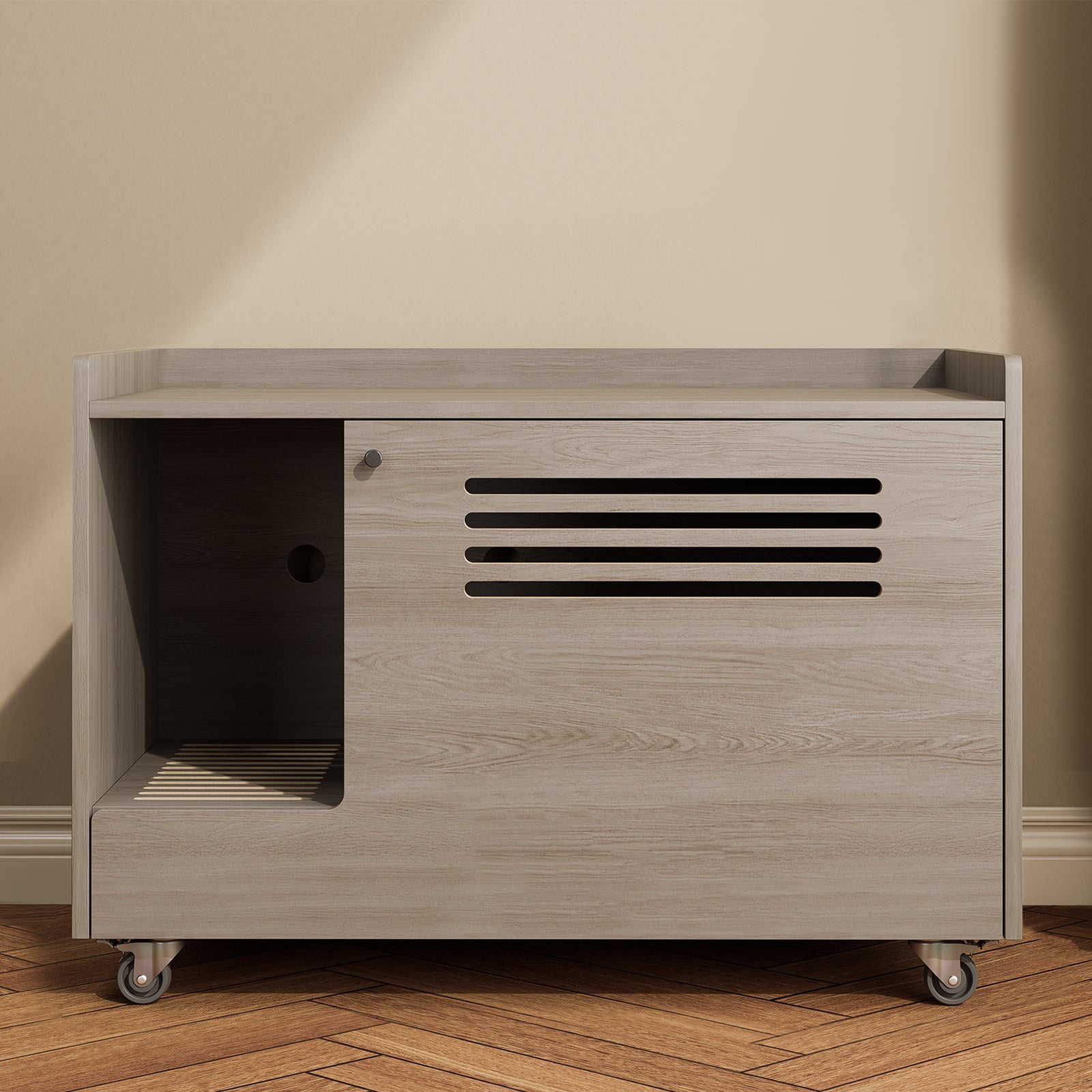 Gray Cat Litter Box Enclosure,Hidden Litter Box Furniture with top side fence,Wooden Pet House Side End Table, Storage Cabinet Bench for Living Room,,Bedroom, Fit Most of Litter Box