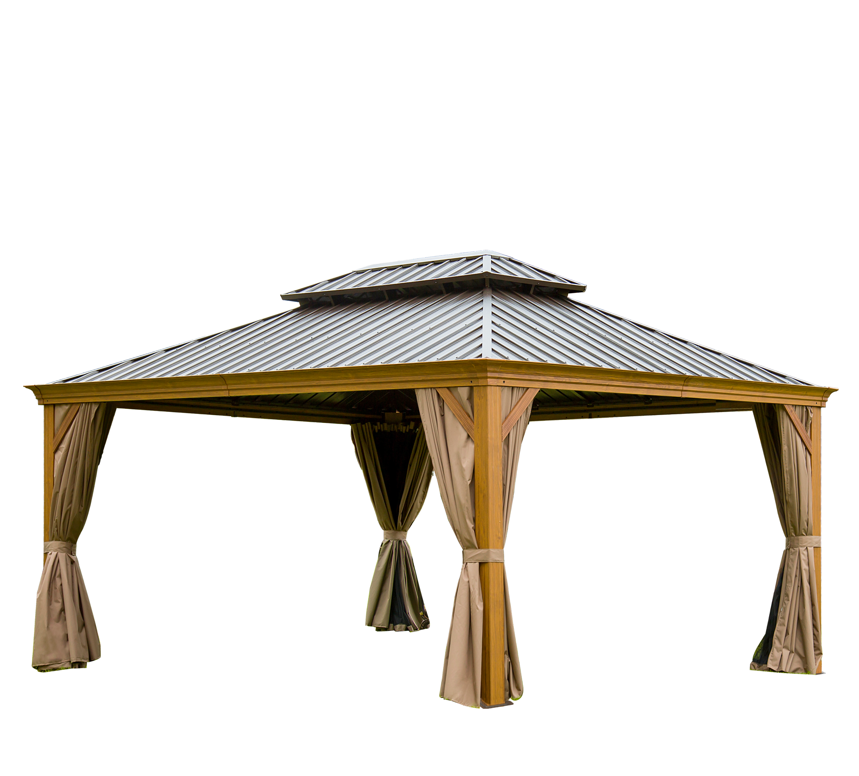 12'x16' Hardtop Gazebo Outdoor Aluminum Wood Grain Gazebos with Galvanized Steel Double Canopy for Patios Deck Backyard,Curtains&Netting (Wood-Looking)
