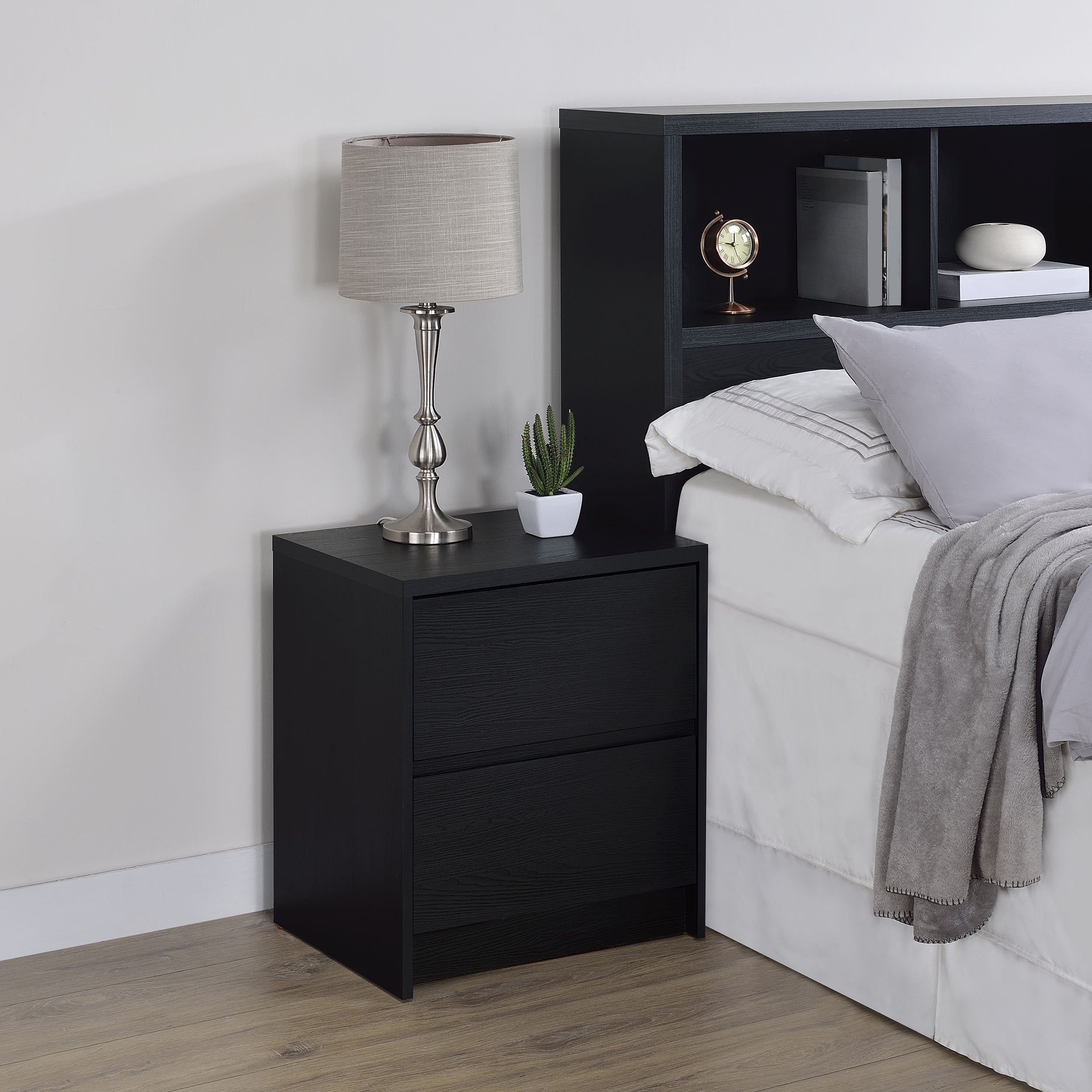 Geary Black 2-drawer Nightstand LED Lights and USB