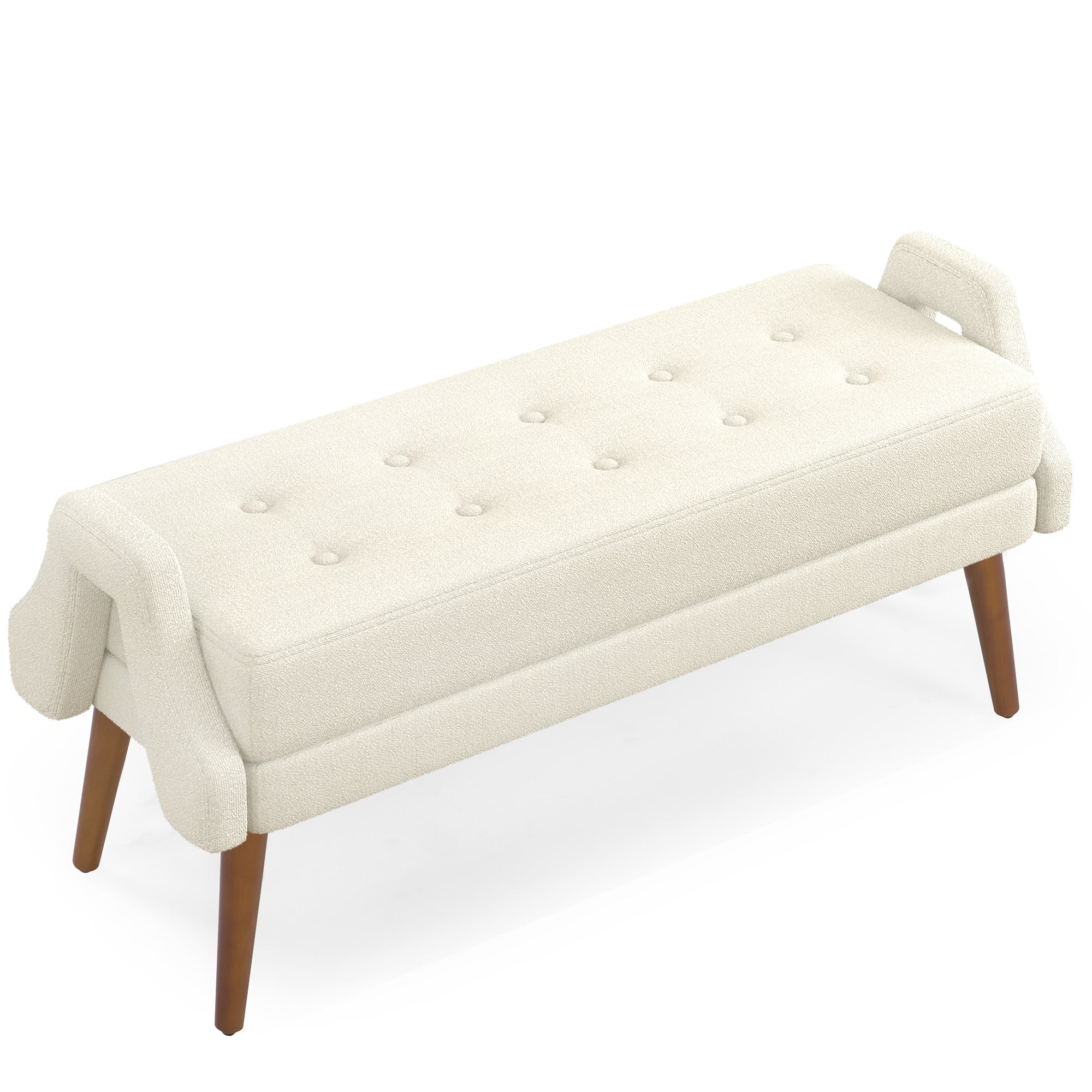 Modern Living Room Bench with Looped Yarn Fabric, Soft Cushion, Irregular Geometric Armrests, Rubber Wooden Legs - Beige