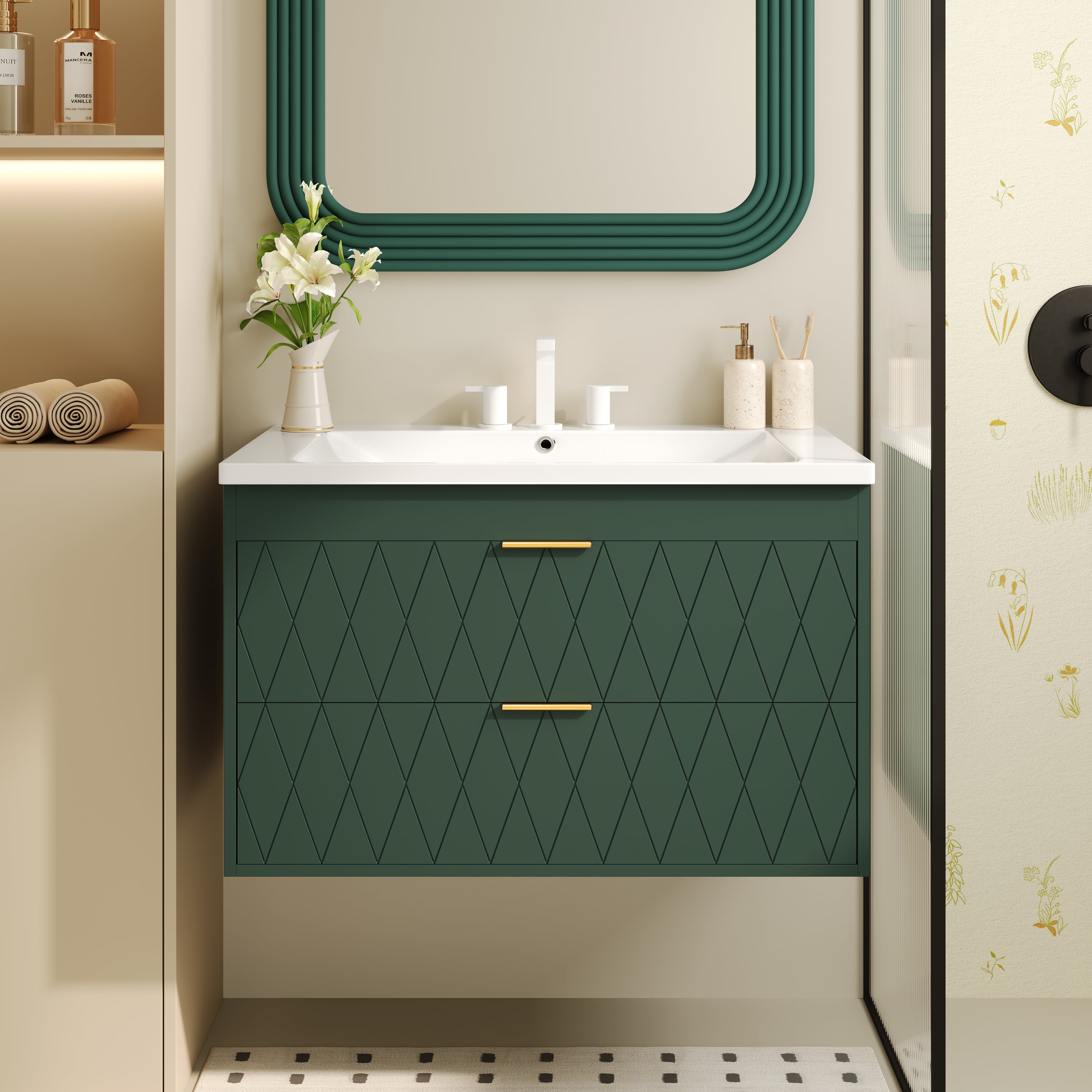 30'' Wall Mounted Bathroom Vanity with Resin Sink,Floating Bathroom Storage Cabinet with 2 Drawers, Solid Wood Bathroom Cabinet