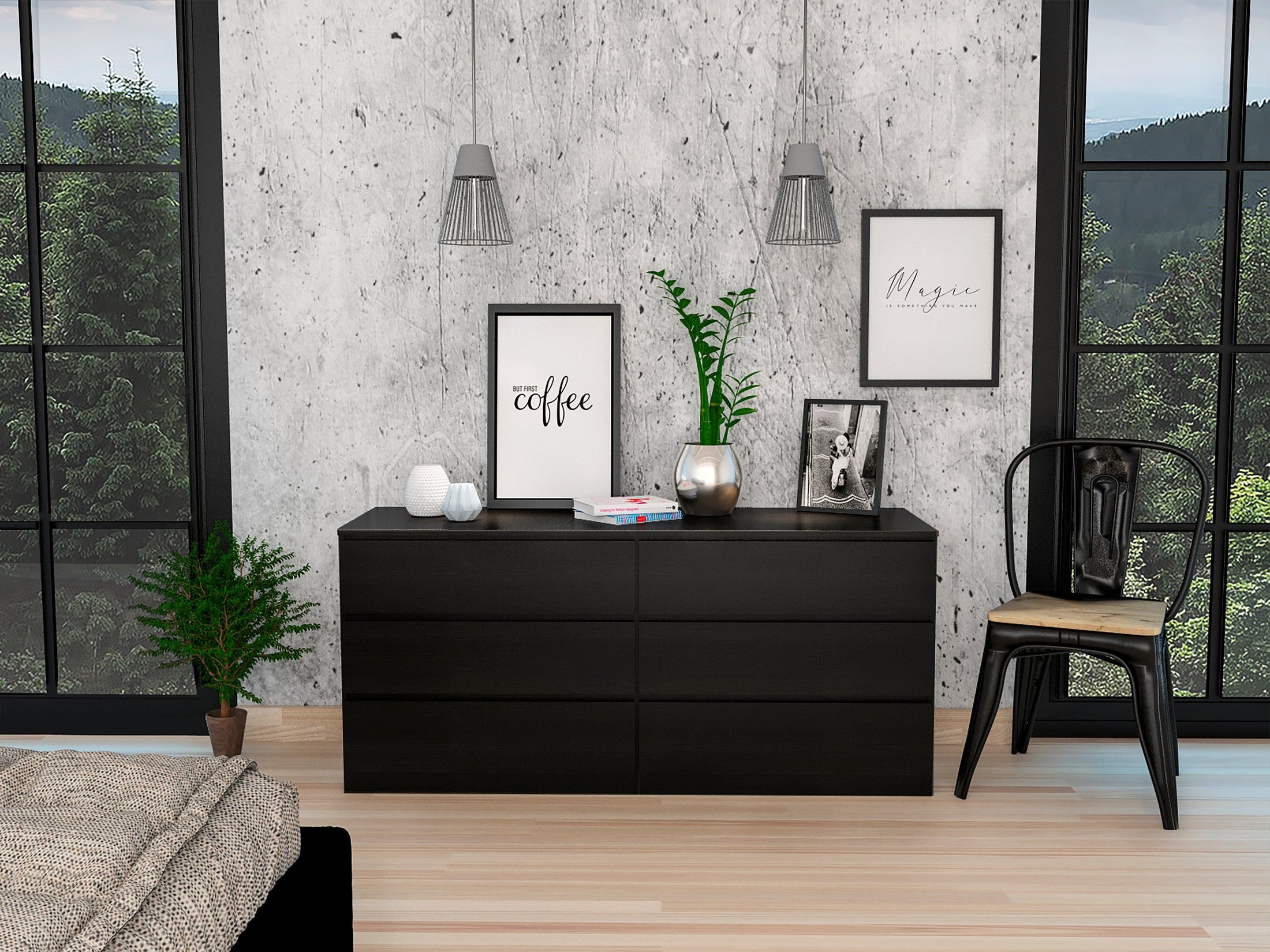 6 Drawer Double Dresser, Superior Top, Black