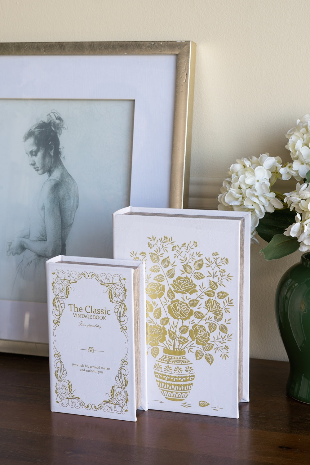 Set of 2 Decorative Book Boxes with White and Gold Floral Motifs and Text,  L: 7x3x10.5' S: 5x2x8.3'