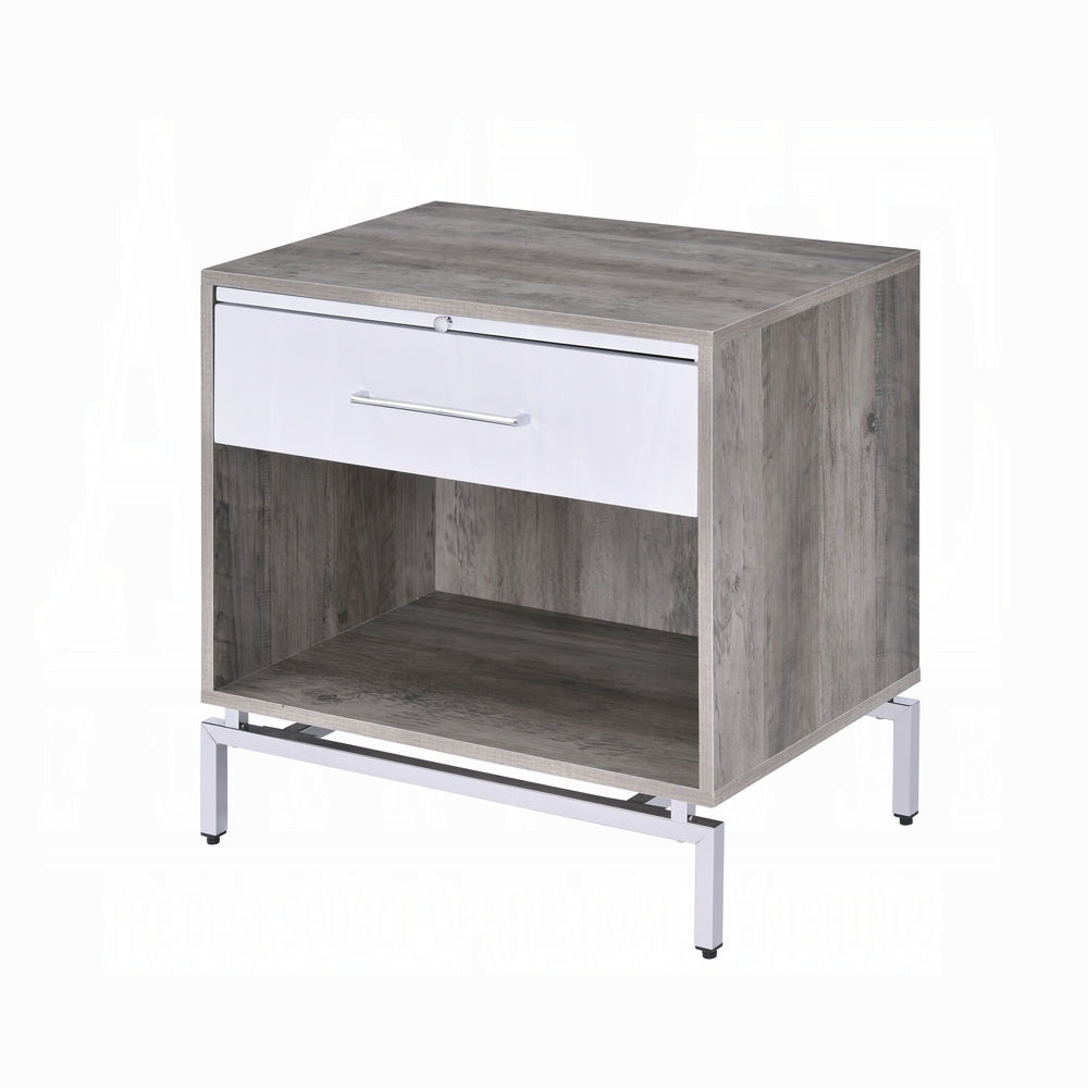 White and Weathered Gray Oak Finish Nightstand with Drawers and Shelf Home Furniture 1pc Bedside Table