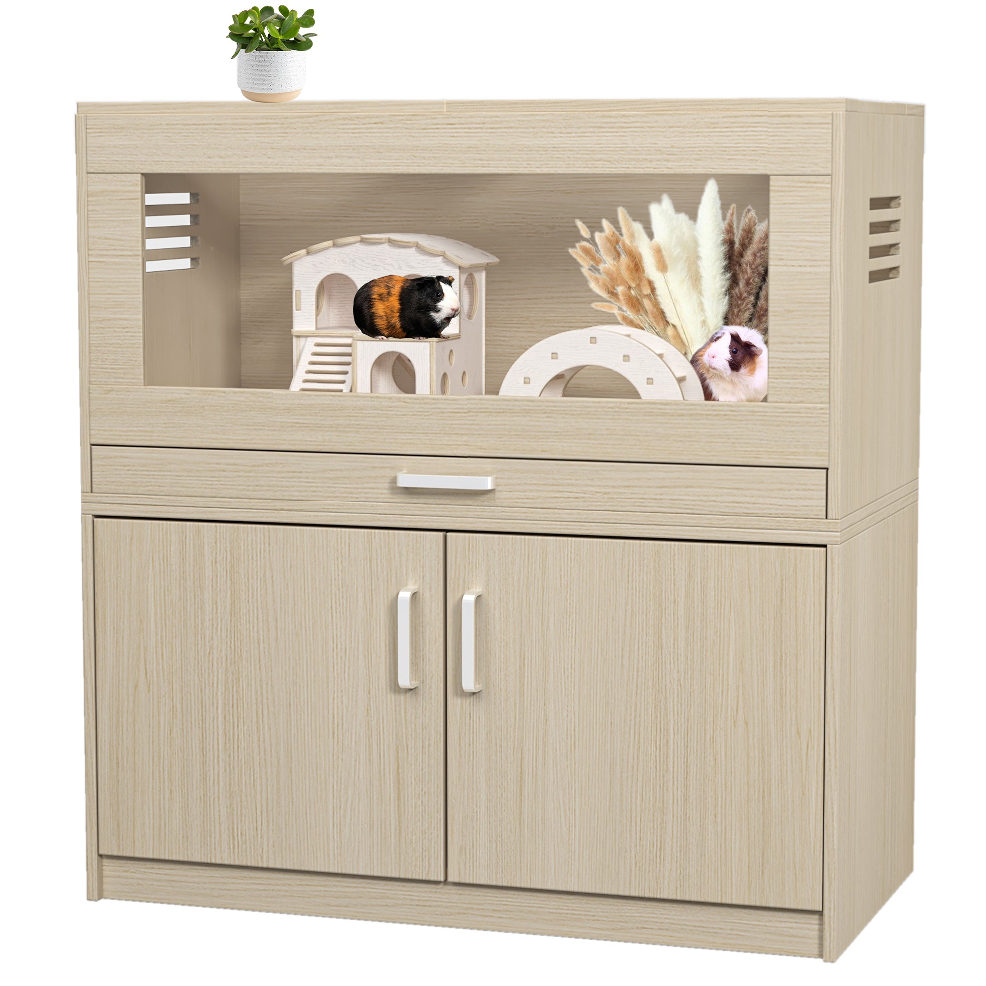 Teak Wooden Hamster Cage with Storage Cabinet, Easy View Acrylic Panels, X-large Size